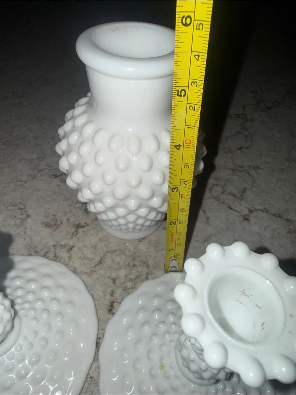 Vintage Hobnail Milk Glass Candle Stick Holders and bud vase White Read Descript